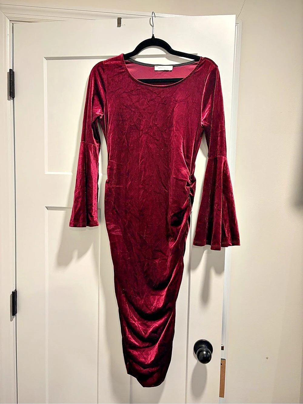 PinkBlush Burgundy Velvet Ruched Bell Sleeve Maternity Dress Midi Dress